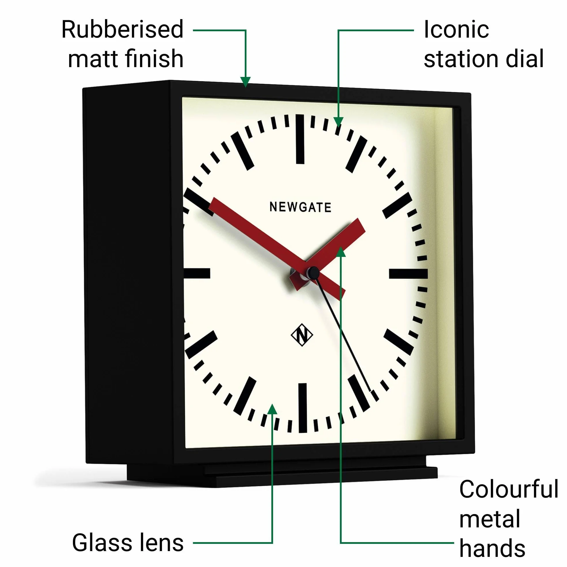NEWGATE® Amp Horloge de Bureau | Conception carrée d’Horloge de Station | Boîtier Noir à Aiguilles Rouges | Style Moderne pour Bureau, Plateau, cheminée, étagère ou Table de Chevet