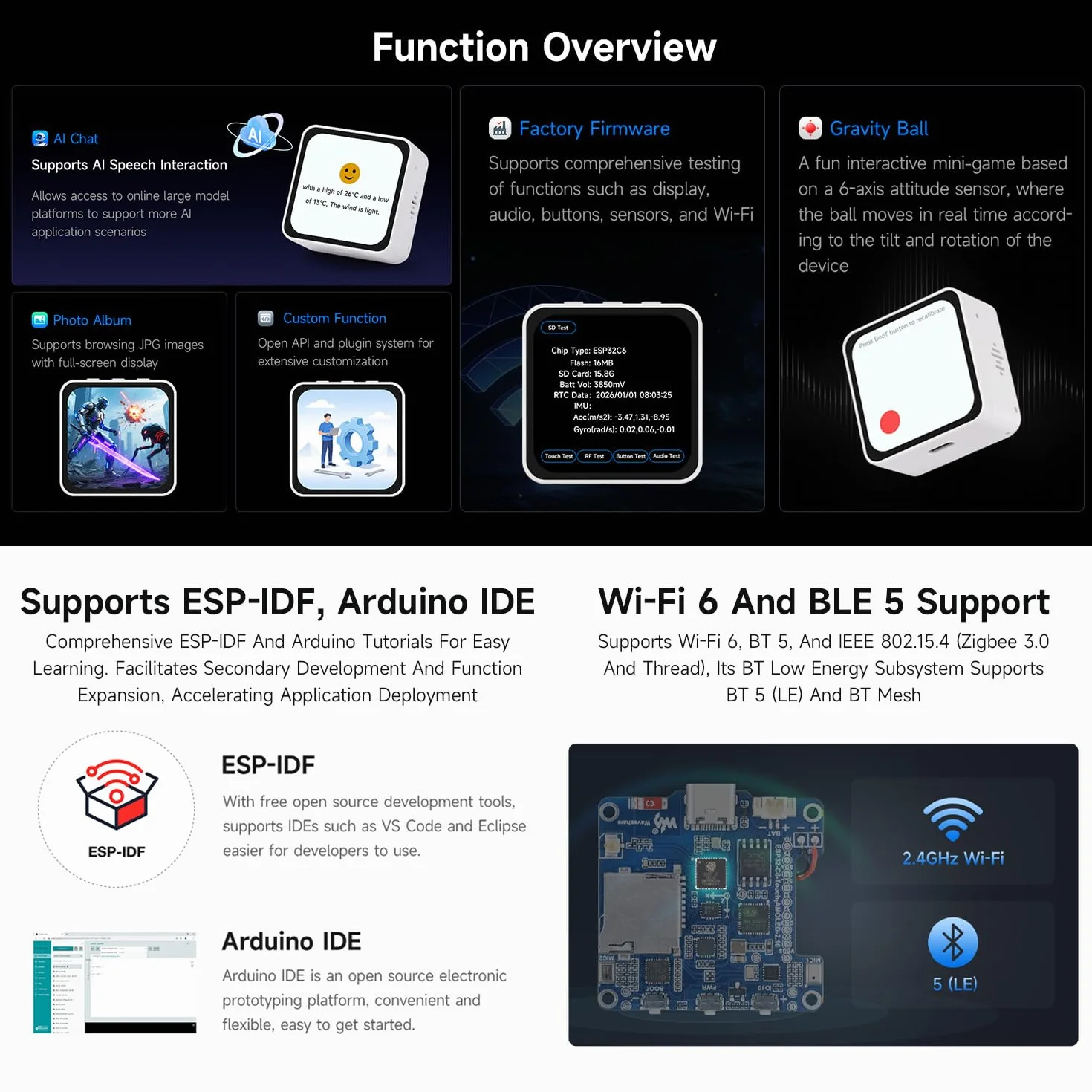 Waveshare ESP32-C6 2.16inch AMOLED Display Touch Screen Development Board, 480 x 480 Resolution, 16.7M Color, Supports Dual Microphones, Wi-Fi 6 And BLE 5, No Batt
