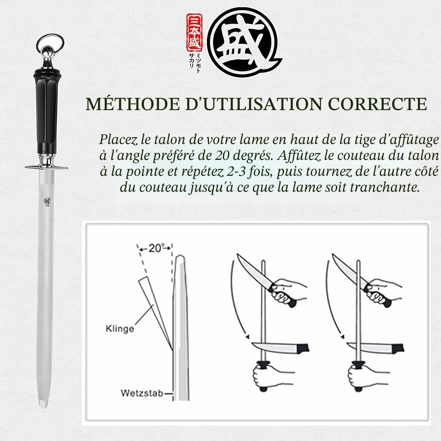 Fusil à Aiguiser Diamant Japonais MITSUMOTO SAKARI 40 cm Plat Professionnel avec Manche ABS et Aimant Puissant