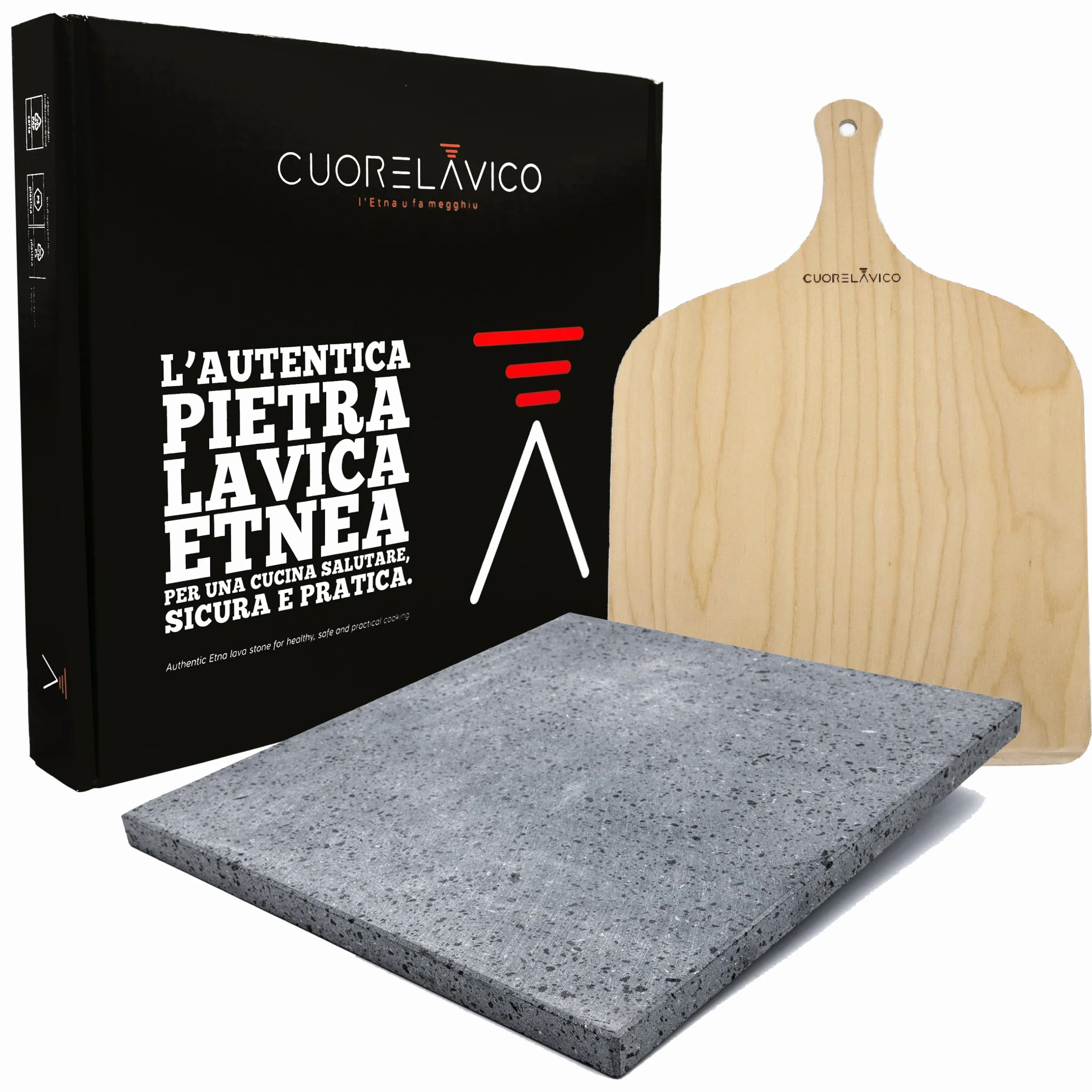 CUORE LAVICO Pierre a Pizza en Pierre de Lave de l’Etna 39×35×2 cm + Pelle – Four, Gaz, Barbecue – Made in Italy – Pour Pizza Croustillante