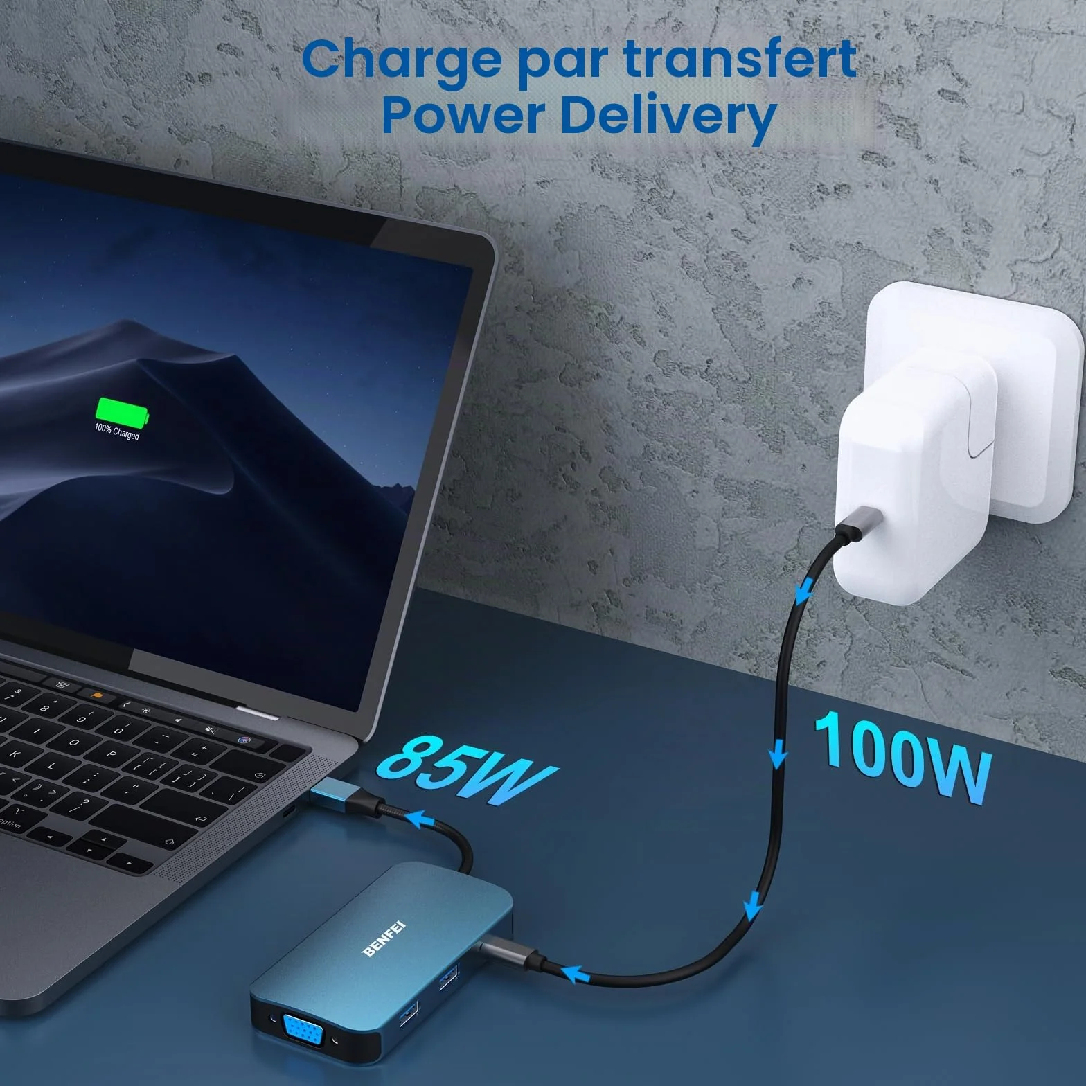 BENFEI Hub USB C MST 8 en 1 USB-C vers 2 HDMI 1 VGA 3 Ports USB 3.0 100 W Audio 3,5 mm Compatible iPhone 15 Pro MacBook Pro Surface