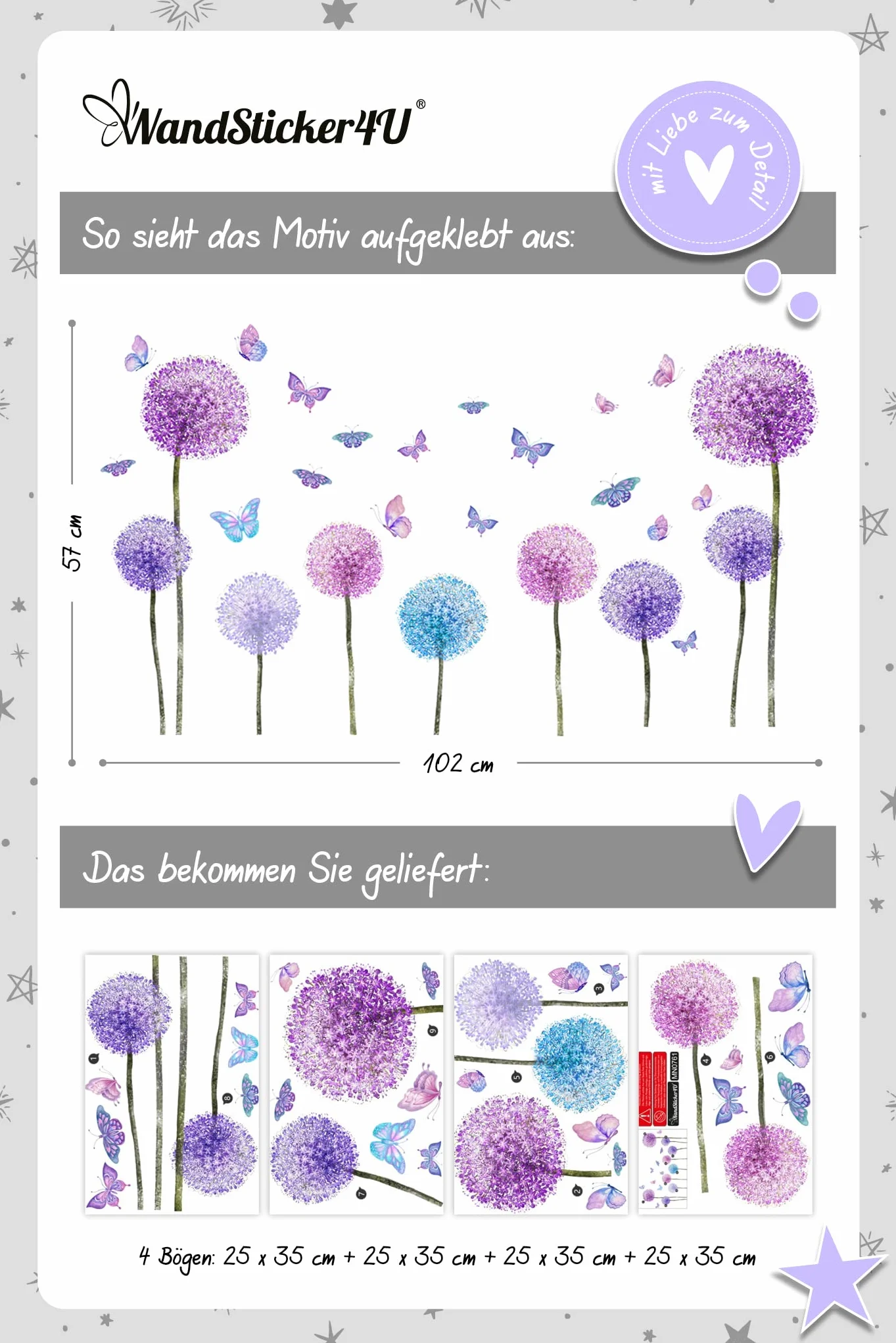 Stickers Muraux FLEURS de PISSENLIT violets 110x62 cm Autocollant Mural Fleurs Pastel Lilas Plantes Déco Murale Chambre