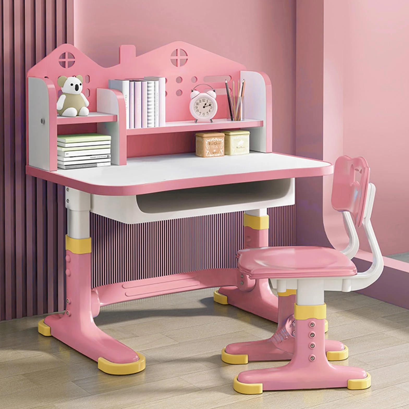 Ensemble de table et de chaises pour enfants - Hauteur réglable - Table d'apprentissage et chaises - Rose - Bureau pour enfants avec tiroirs et compartiments de rangement - Lecture