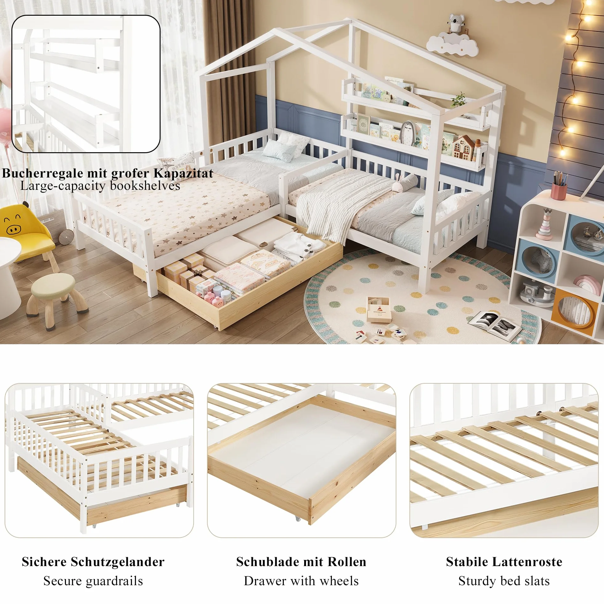 Merax Lit de maison, avec tiroirs et étagères, lit d'enfant, 90 x 200 cm et 140 x 70 cm, lit de jeu en bois massif avec clôture et sommier à lattes, structure en L, pour 2 enfants, lit double, blanc