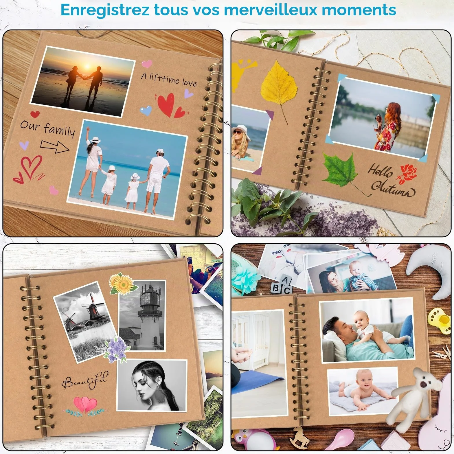 Album Photo Scrapbooking 21x21cm Fait à La Main Spirale 40 Pages Fenêtre, Livre d'Or Voyage Mariage Anniversaire Kaki