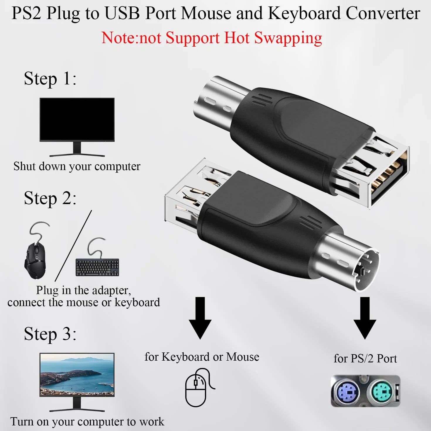 Adaptateur PS/2 vers USB A Femelle Convertisseur PS2 Mâle vers Type A Socket Connecteur 2 Pcs