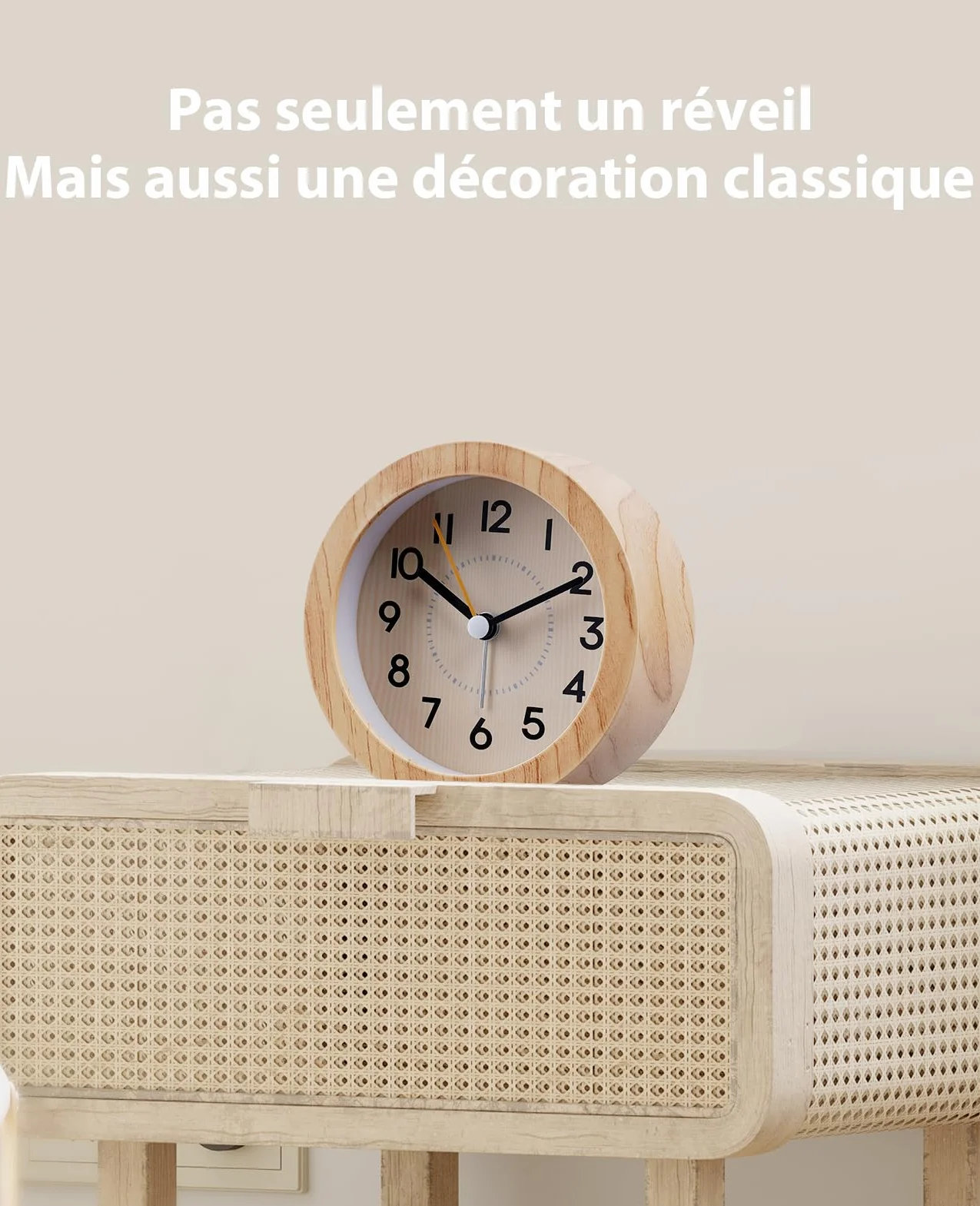 Réveil Matin Silencieux sans Tic-tac en ABS Léger Recyclable Motif Bois Veilleuse Douce