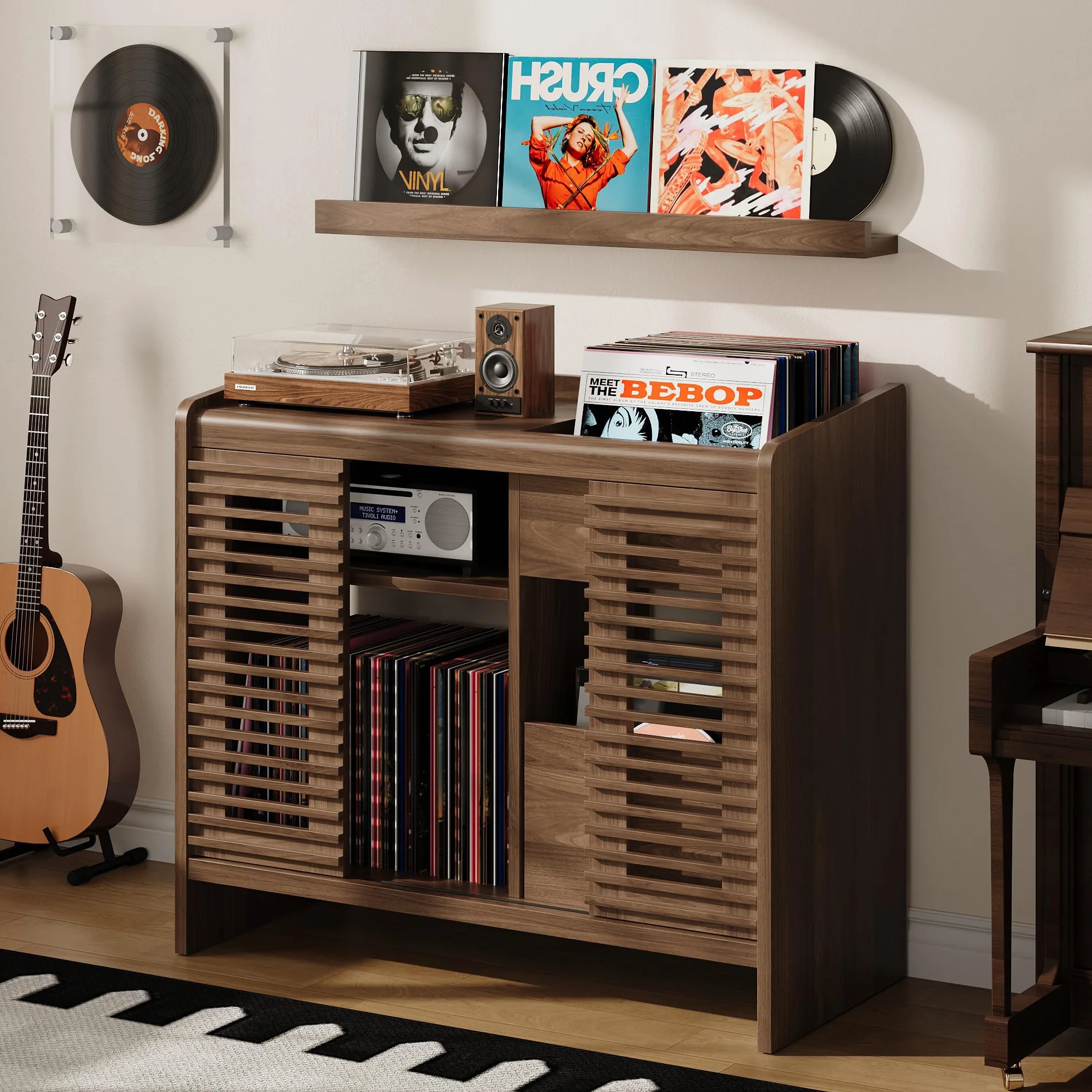 IRONCK Étagère pour Tourne-Disque Vinyle avec Support Mural pour disques vinyles, Rangement jusqu'à 350 Albums avec Prise de Charge, pour Salon et Chambre à Coucher, Marron Noyer rétro