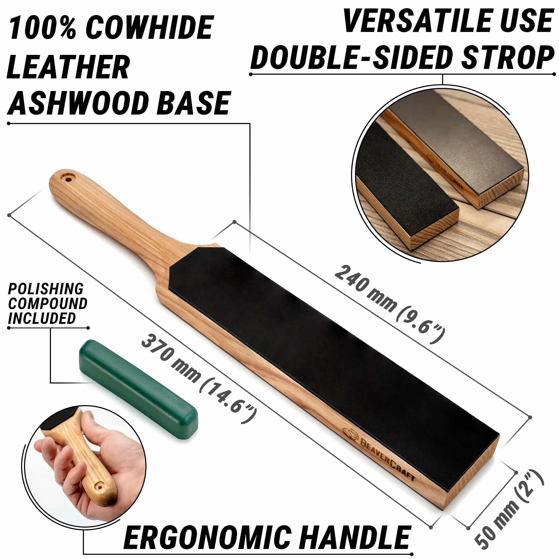 Kit d'affûtage en cuir BeaverCraft LS6P1 avec pâte à polir 36 x 5 cm pour aiguiser les couteaux