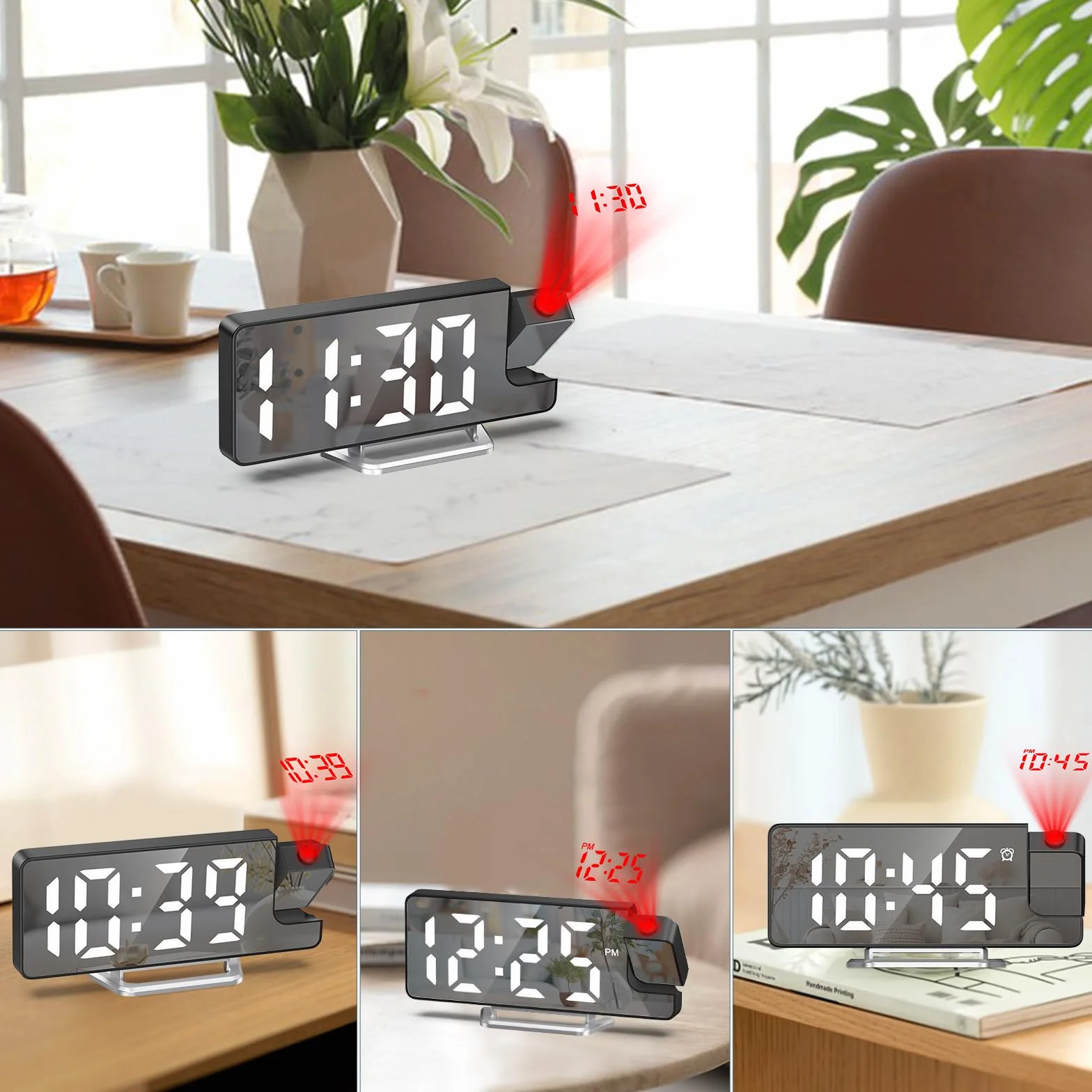 Réveil numérique à Projection avec température 180° Horloge de Table électronique Luminosité réglable Affichage 12/24 h