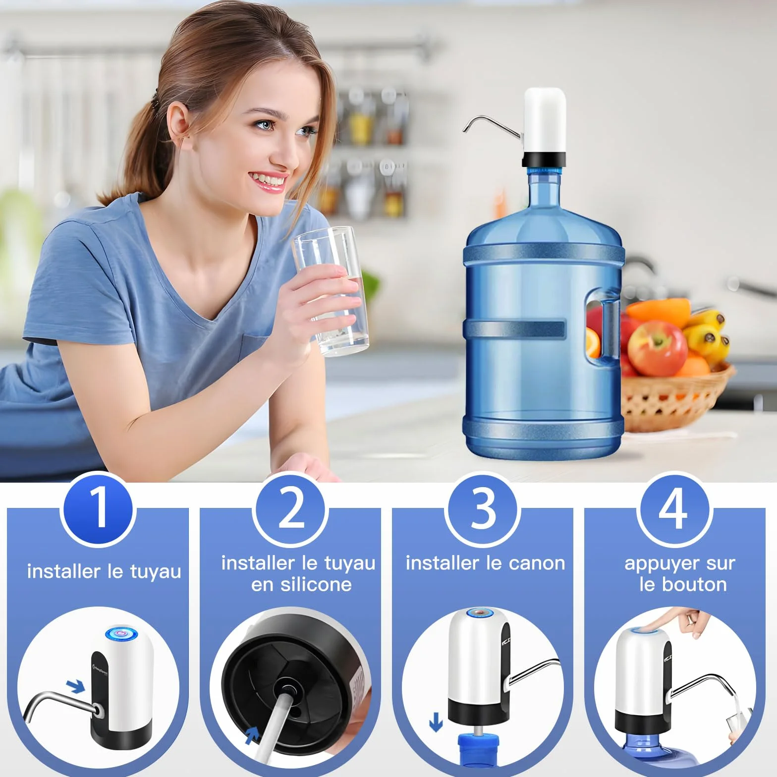 EASYSPEED Distributeur Eau Portable Rechargeable USB avec 2 Adaptateurs, Pompe Automatique, Camping Maison Bureau, Blanc