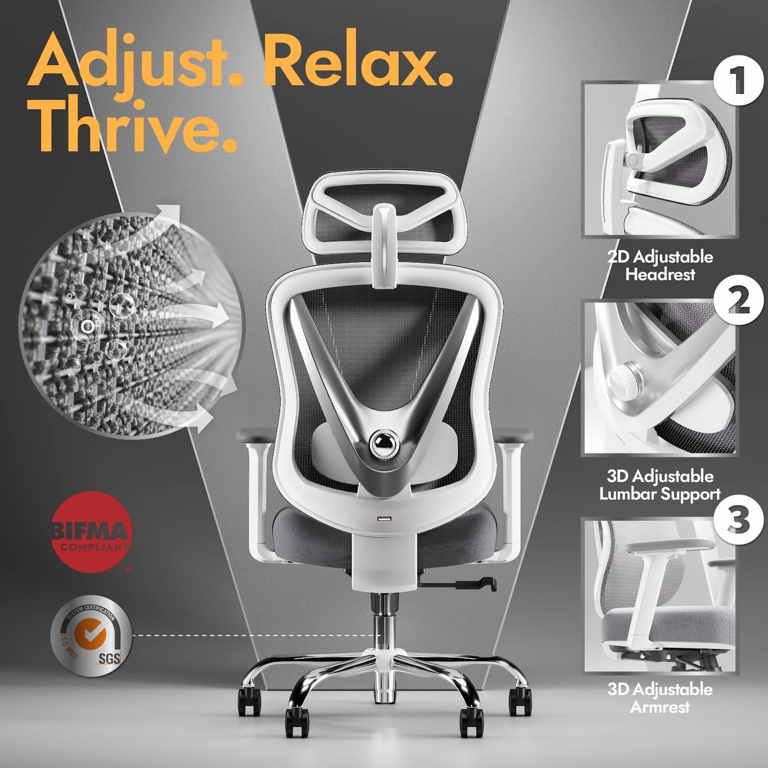HOLLUDLE Chaise de Bureau Ergonomique Support Lombaire 3D Accoudoirs 3D Réglables Design en V dos Fauteuil Bureau Confortable Blanc