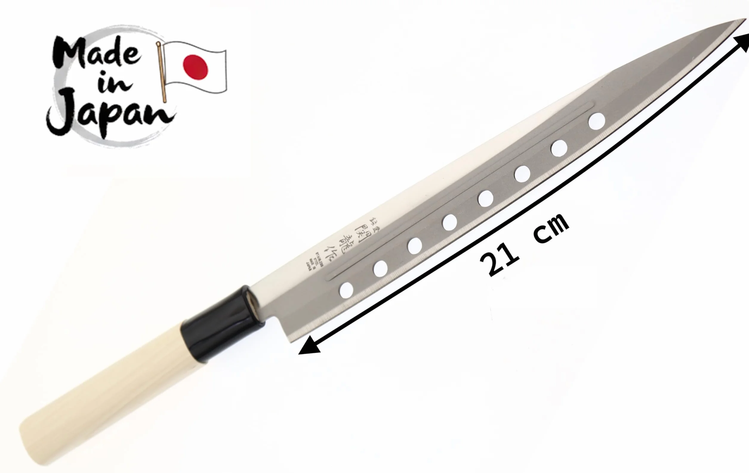 Cocktail7 Couteau Japonais Yanagiba Sashimi Sushi Couteaux de Cuisine pour Filet de Poissons Japon Acier Inoxydable Lame 21 cm Fabriqué au Japon (Avec Alvéoles)