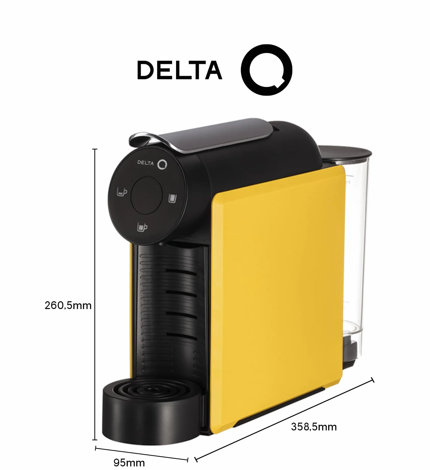 Delta Q Machine à Capsules MiniQool Jaune, Inclus 90 Capsules | 19 Bars de Pression, Réservoir 0.6L, Inclus 2 x 40 Caps Qalidus et 10 Caps Décaféinées