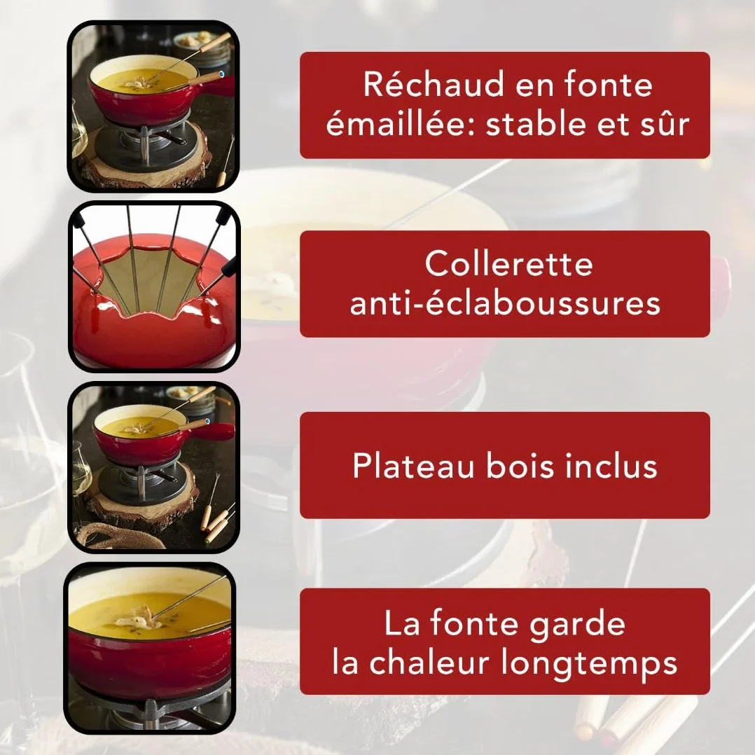 Baumalu, Service à Fondue Savoyarde en Fonte Émaillée Rouge, 20 cm, pour 6 personnes, comprenant 1 réchaud, 1 brûleur, 1 caquelon et 6 fourchettes