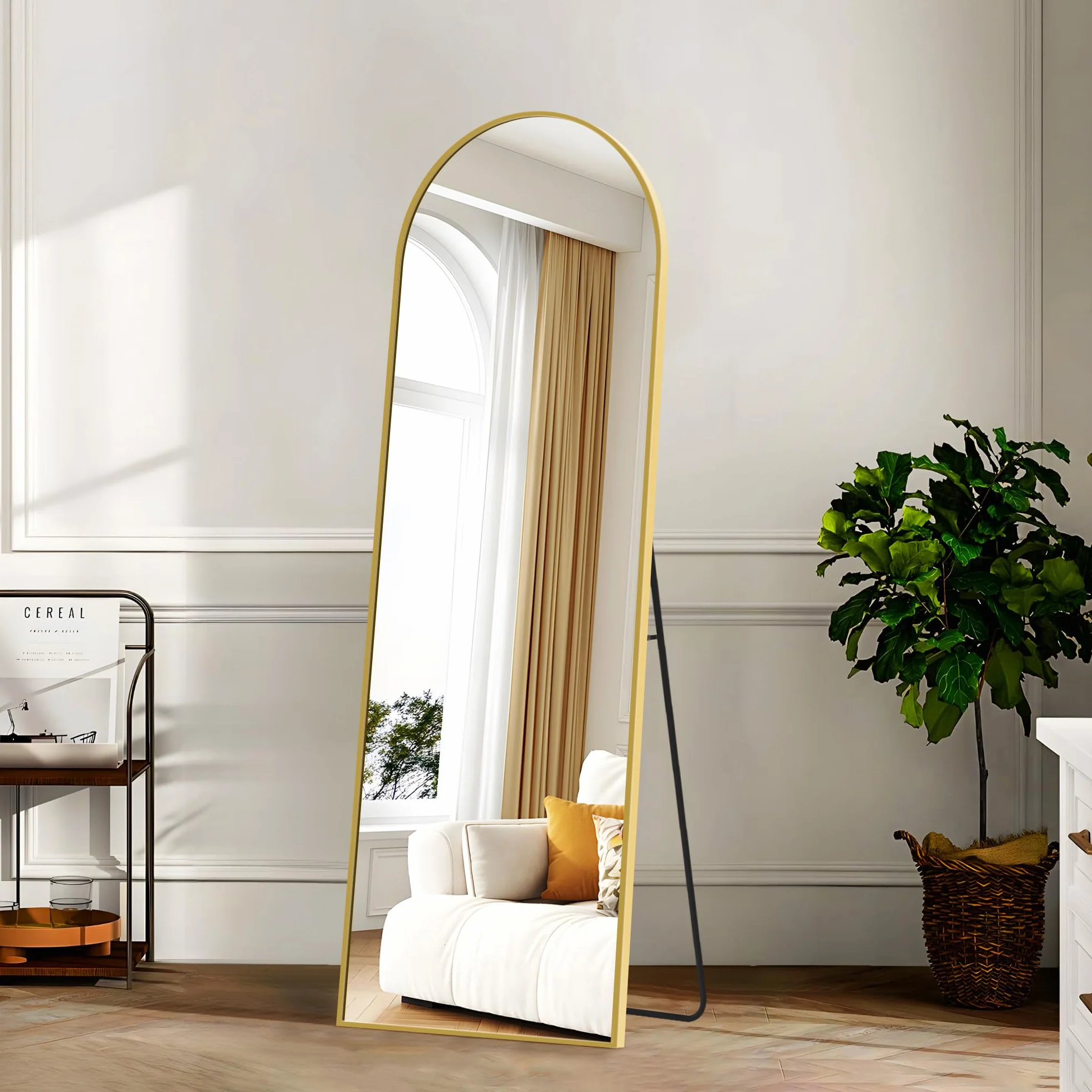 KOCUUY Miroir sur Pied Arqué, 150 x 40 cm Grand Miroir Mural avec Cadre en Aluminium Doré à Suspendre, à Poser, à Appuyer, pour Salon, Chambre, Couloir