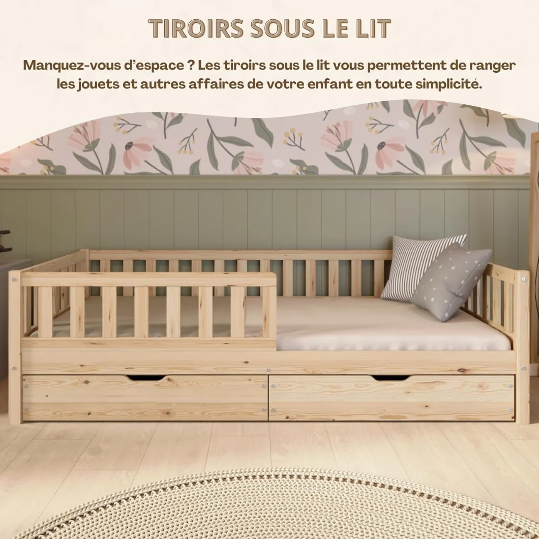 Lit Enfant avec Tiroirs 190x90 cm – Montessori au Sol en Bois Massif avec Barrière – Sécurisé pour Tout-Petit – Design Scandinave, Montage Facile - Crazy Basic