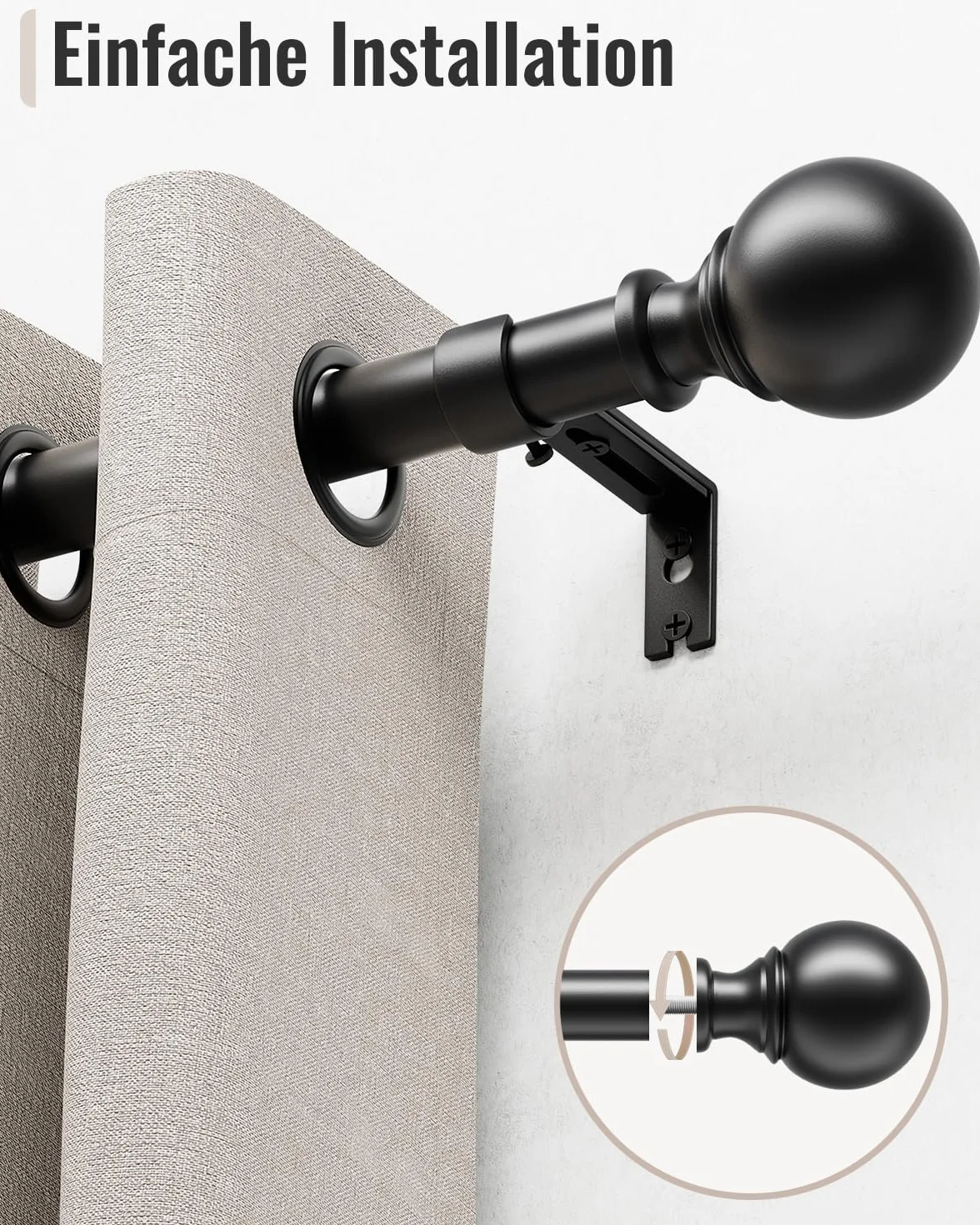 Tringle à Rideaux Extensible 80-218 cm 25 mm avec Embouts Ronds et Supports Noir