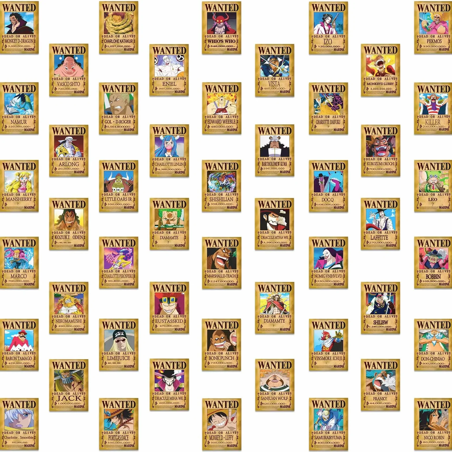 Lot de 50 Affiches Wanted One Piece - Poster Manga Anime Papier Kraft Luffy Zoro Sanji Ace Nami - Décoration Murale Cadeau Fan