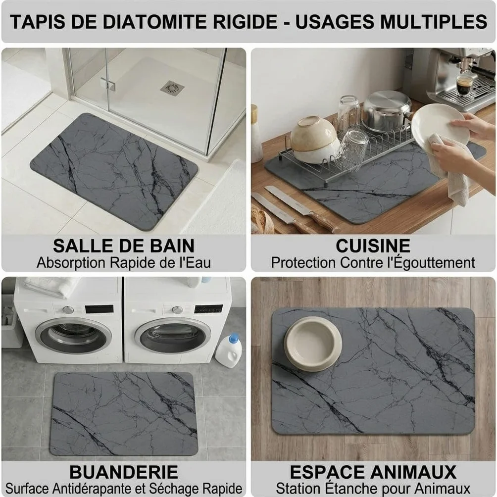Tapis de Bain en Pierre de Diatomite 60x40 cm Super Absorbant Antidérapant Séchage Rapide