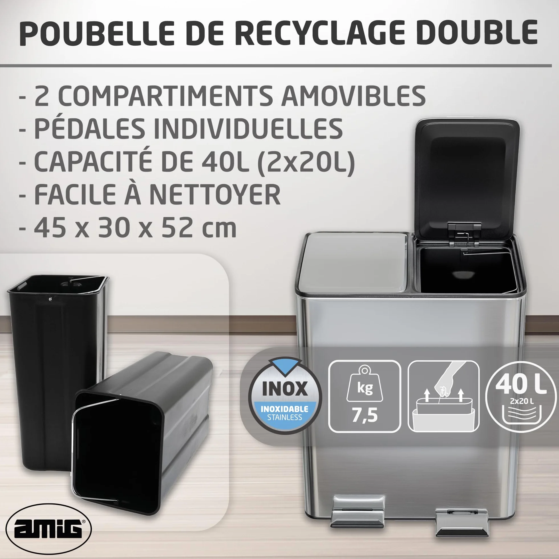 Poubelle de Recyclage Double Acier Inoxydable 45x30x52 cm 2x20 L RECIK EVO