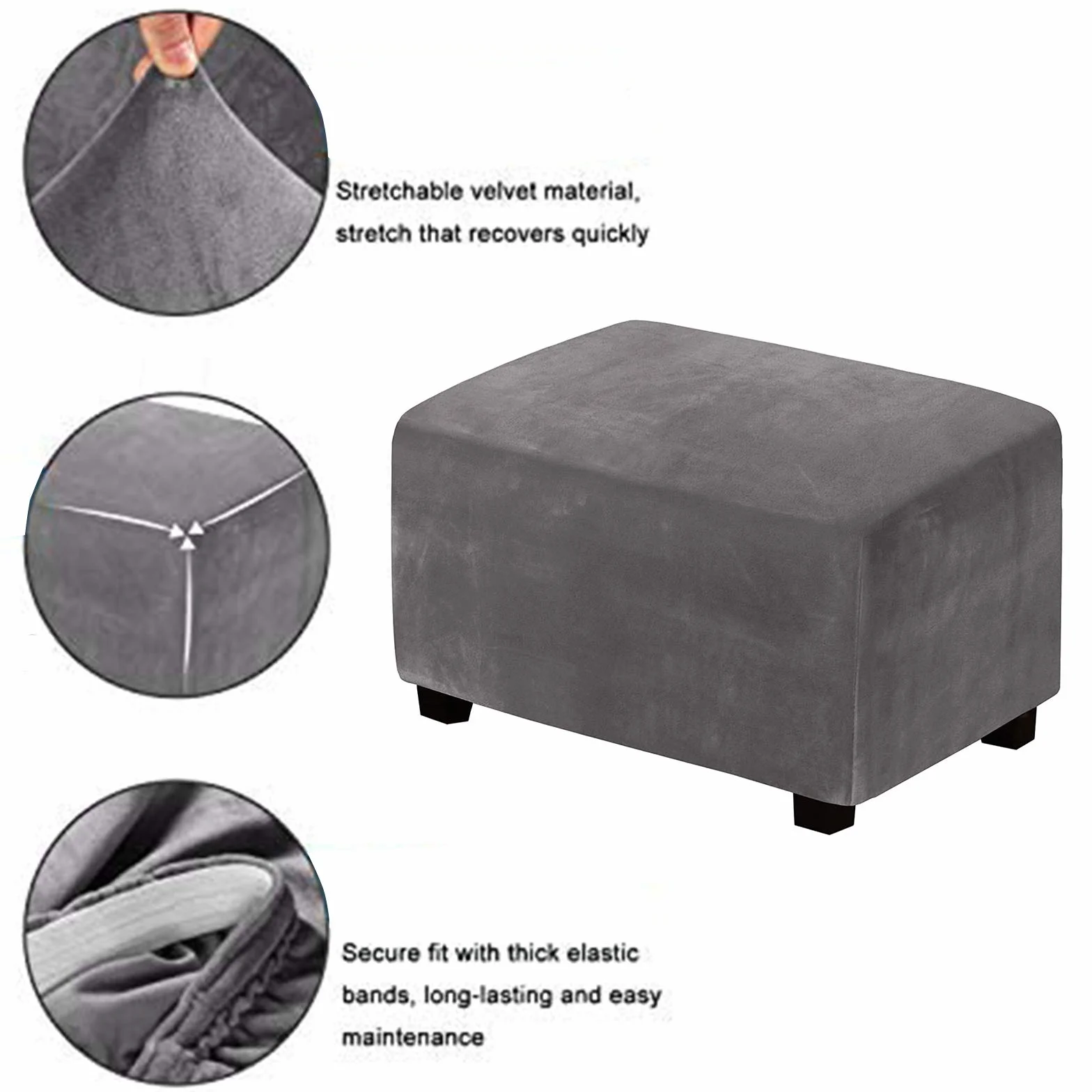 Housse de Pouf Carré Velours Extensible Noir
