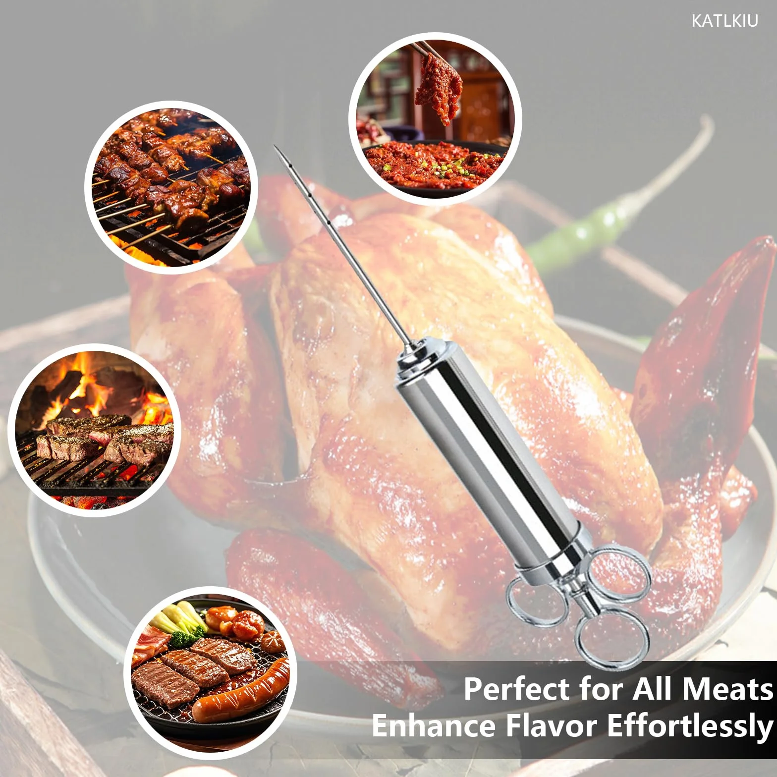 Seringue Alimentaire en Acier Inox 60 ml avec 3 Aiguilles – Seringue à Marinade pour Viande et BBQ