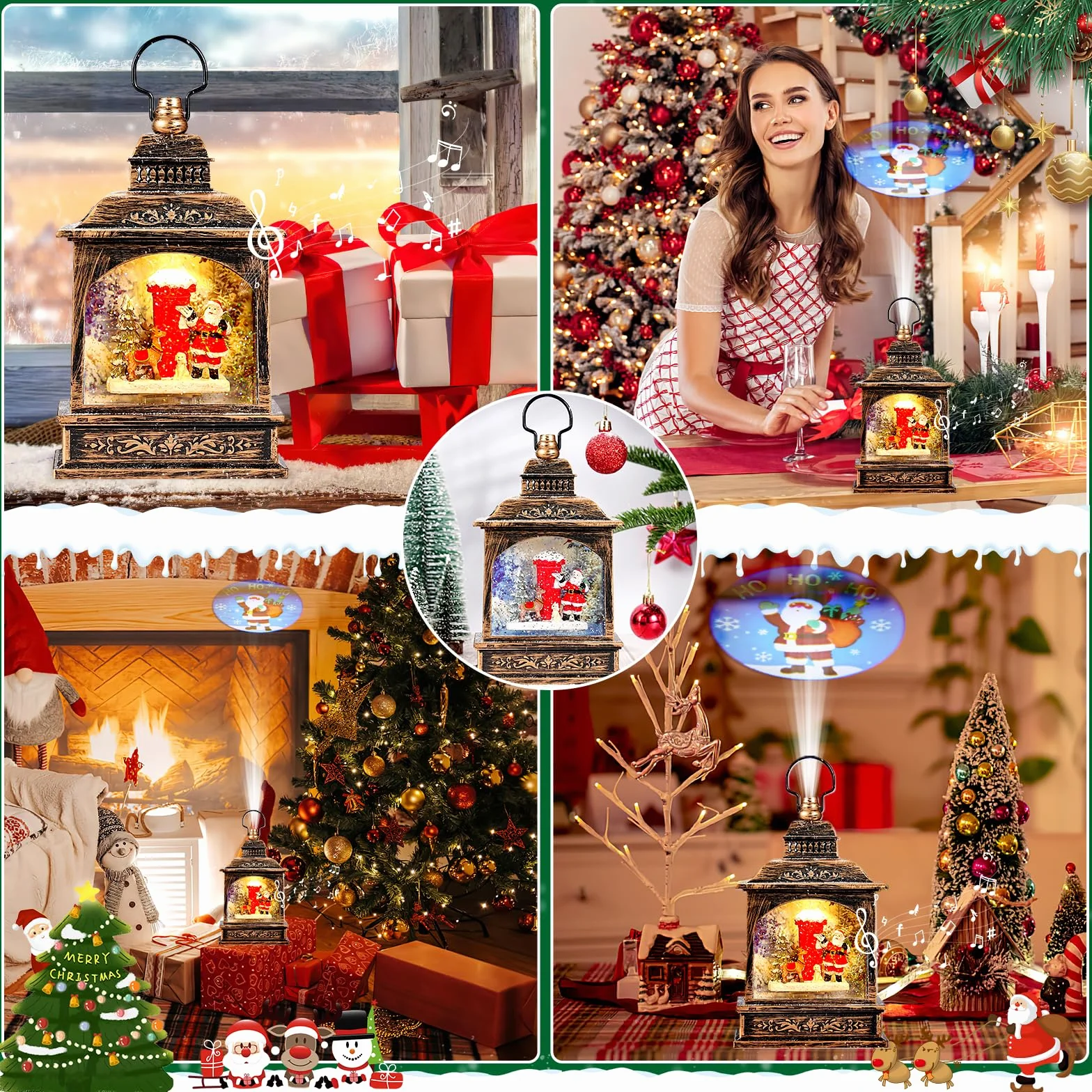 Lanterne Noel Lanterne Boule à Neige Musicale LED de Noël, Lampe de Noel Lumineux Père Noël et Flocon de Neige avec 8 Songs pour Décoration Noel Intérieure Prise USB ou Alimenté par Pile