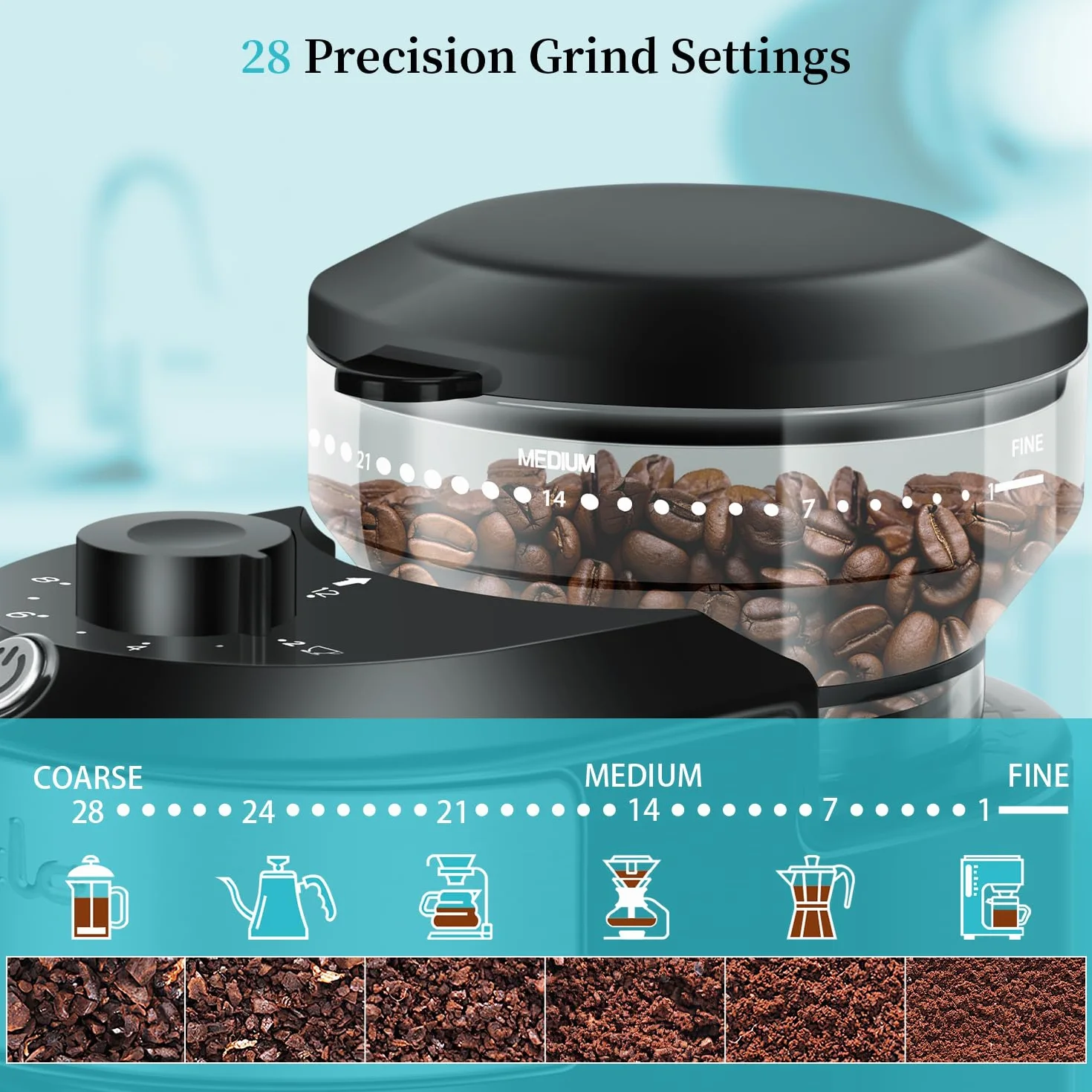 Moulin à café Wancle avec meule et 28 réglages, mouture précise pour une capacité de 2 à 12 tasses, facile à nettoyer, design compact et gain de place, 220V