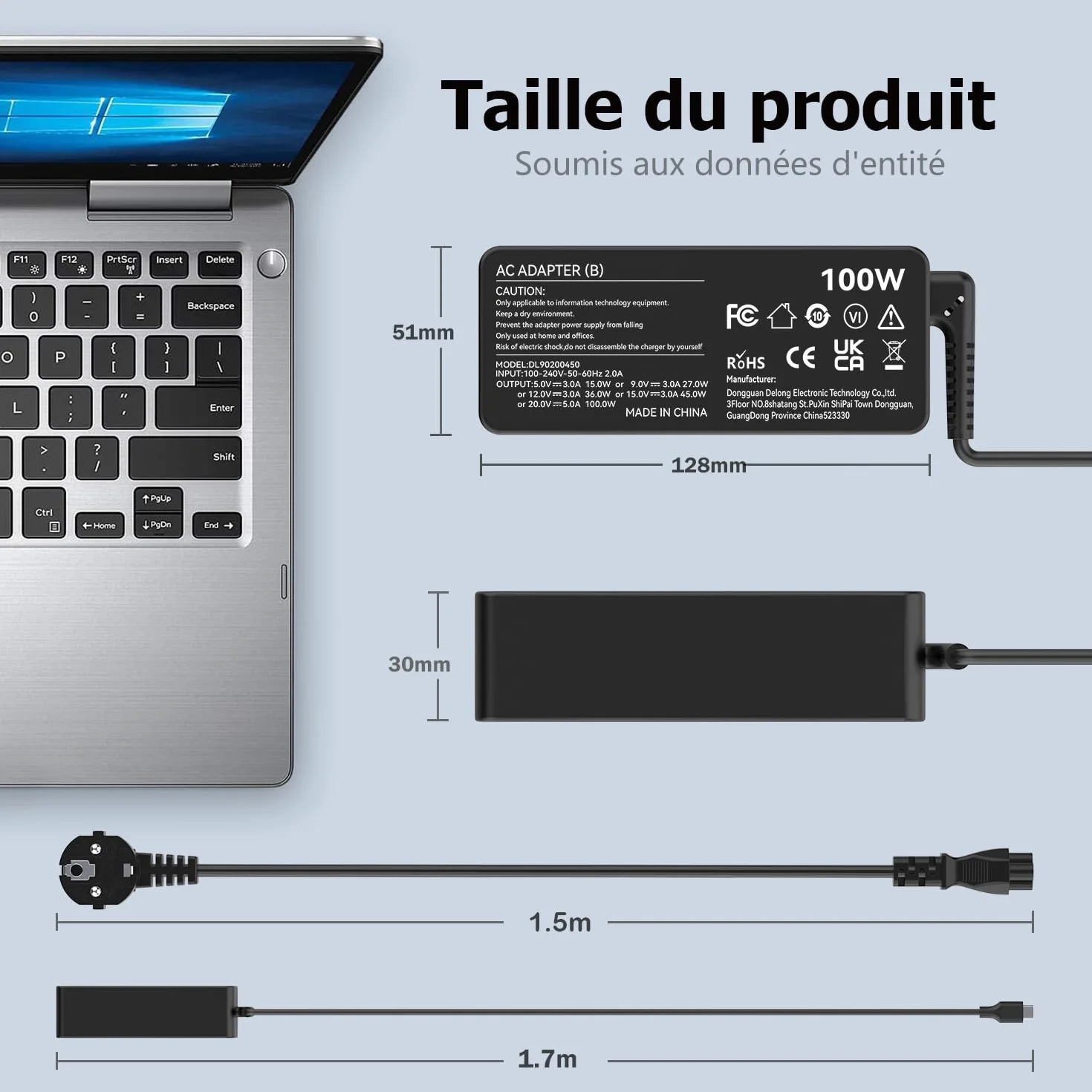 Chargeur USB C 100W, Adaptateur Type C pour MacBook Pro/Air Lenovo Thinkpad Dell Latitude HP Chromebook