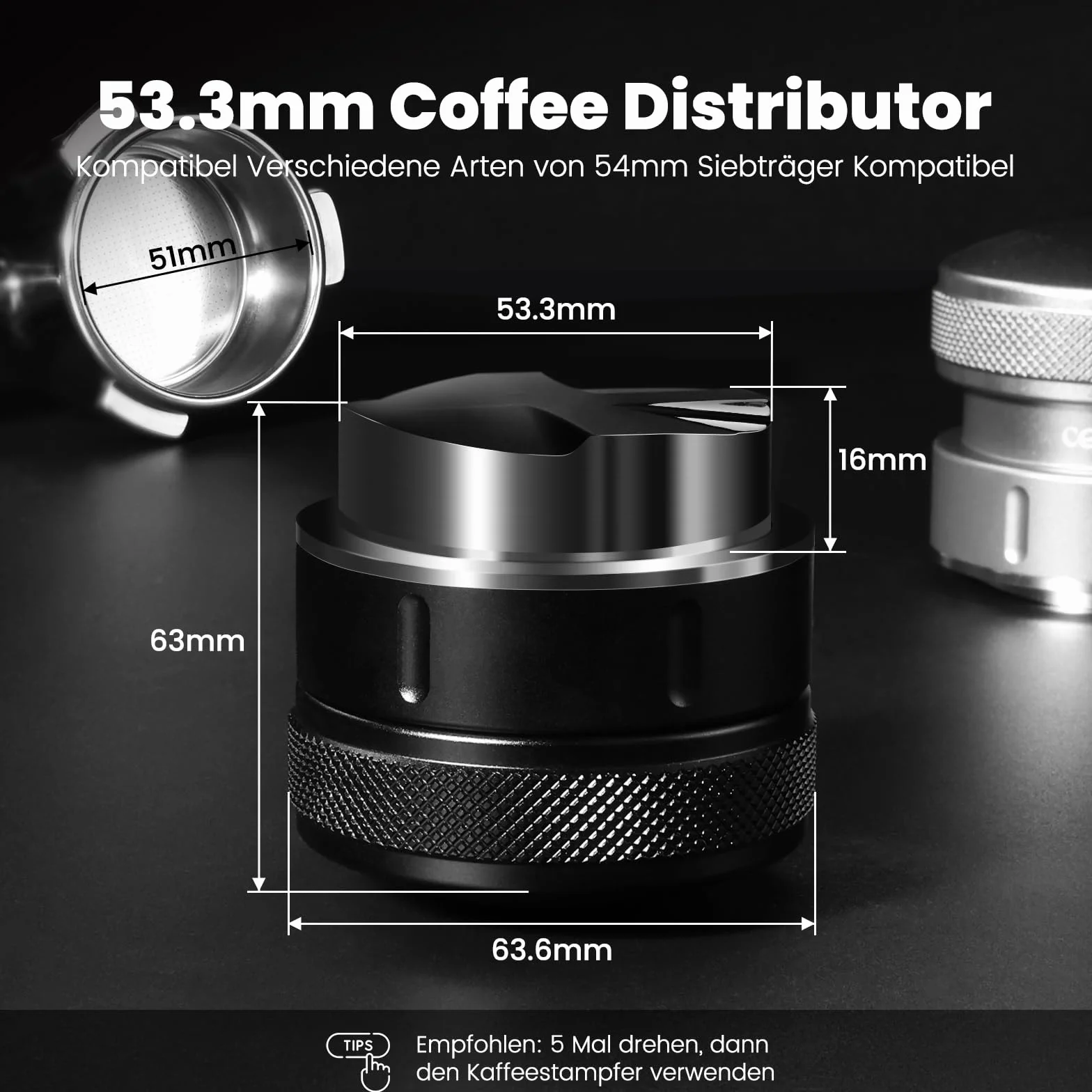 Distributeur de café 54 mm, distribution par gravité pour barista sauge, niveleur de café pour porte-filtre de 54 mm, base à 4 lames en acier inoxydable, noir