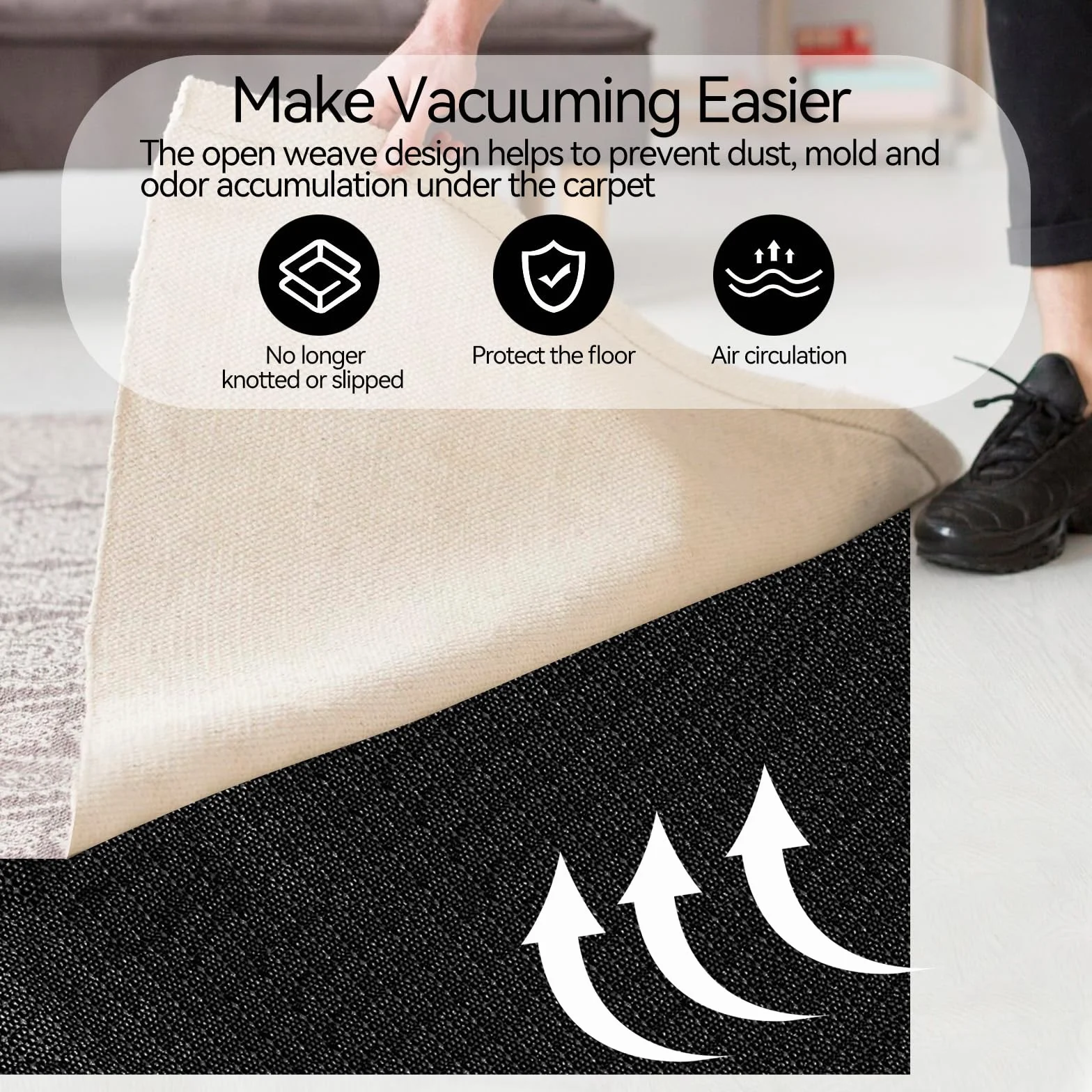 Tapis Antidérapant 150 x 200 cm Noir pour Sols Lisses Bois Marbre Parquet