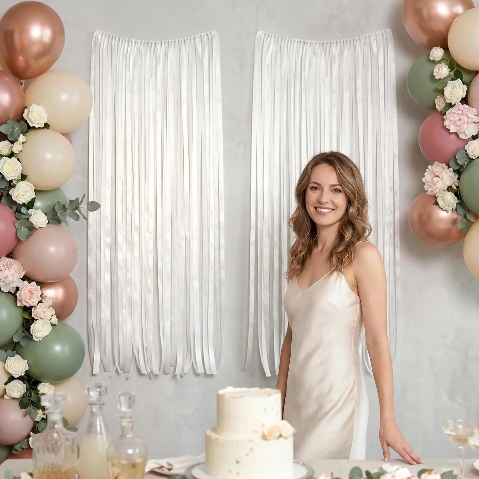 Rideau Frange Métallique Blanc Toile de Fond Décorative Mariage Porte Fenêtre