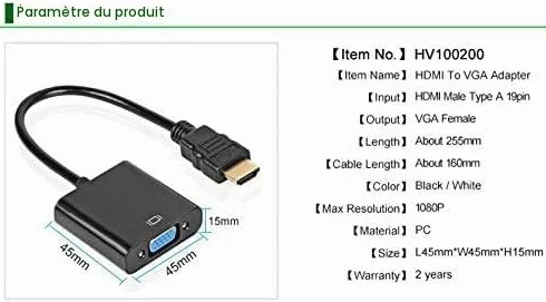 Adaptateur HDMI vers VGA mâle vers femelle 1080P pour Tablette PC Portable Noir