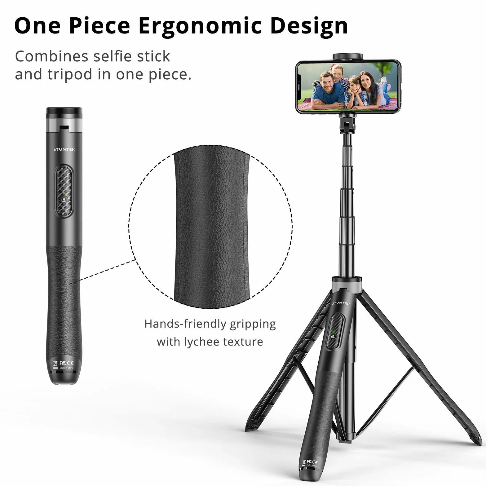 ATUMTEK Kijek do selfie 130 cm, Bluetooth, z wytrzymałym aluminium i antypoślizgowymi stópkami, trójnożny, do iPhone'a i telefonu z systemem Android, do selfie, nagrywania wideoblogów, strumieniowania na żywo.