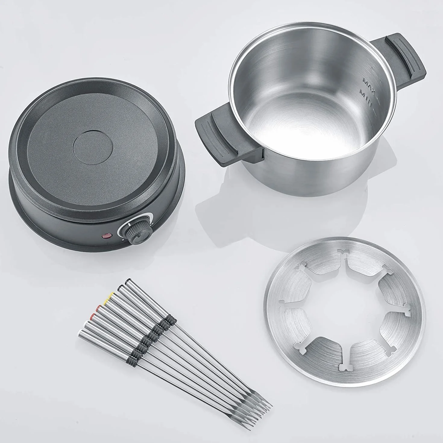 SEVERIN Fondue électrique 8 personnes avec caquelon inox amovible, Inclus : Protection antiprojections et 8 fourchettes, Noir/Inox, FO 2470
