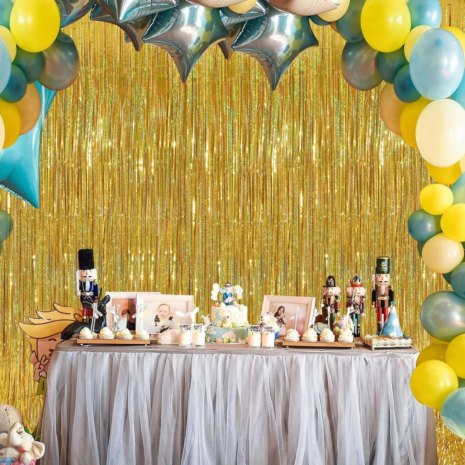 Rideau Frange Anniversaire 3 Pièces 1x3m Décoration Fête Paillette Jaune Doré