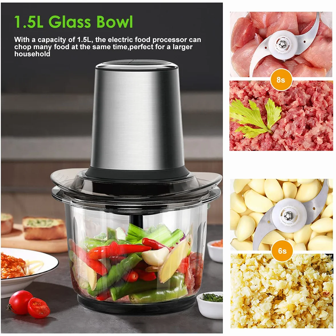 Hachoir Électrique Multifonction Avec Bol Verre 1.5L - 400W, 2 Niveaux de Vitesse, 4 Lames Amovibles pour Viande, Oignon, Herbes, Fruit Sec Rapide