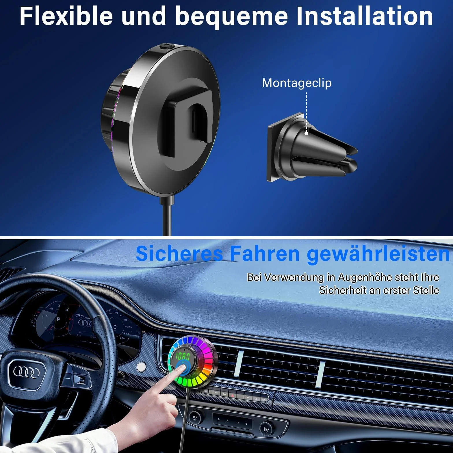 Adapter Bluetooth samochodowy transmiter FM ze światłem RGB – zestaw głośnomówiący Bluetooth 5.3, PD30W USB-C i QC3.0, ładowarka samochodowa, adapter Bluetooth do iPhone Android radio samochodowe