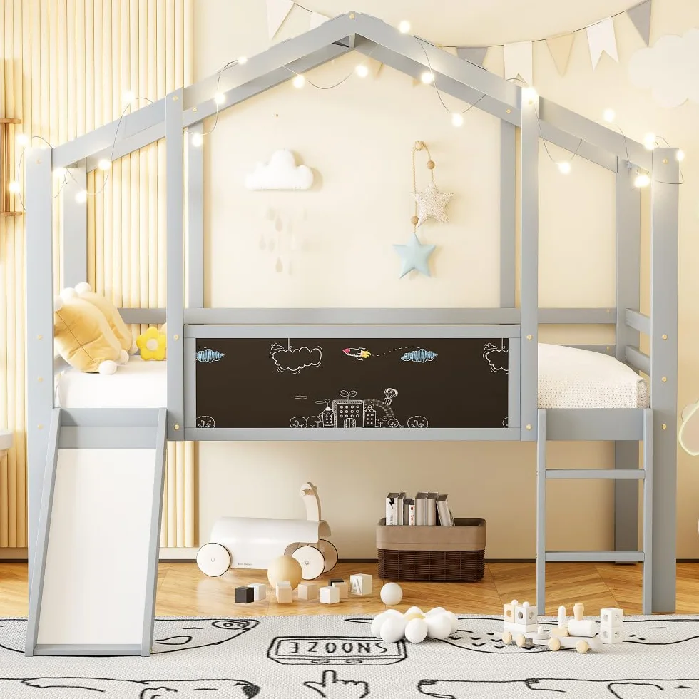 Lit cabane enfants 90x200,lit enfant cabane avec toboggan,panneau graffiti,lit superposé enfant 90x200 lit enfant mi hauteur en bois,cadre de lit mezzanine 1 place avec sommier à lattes (Gris)