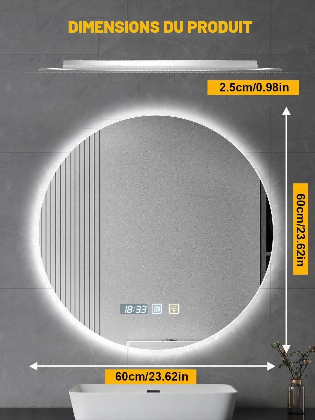 Miroir de salle de bain rond à LED, 60 x 60 cm, mural, antibuée, lumière variable en 3 couleurs, miroir antibuée avec lumières rétroéclairées, pour salle de bain