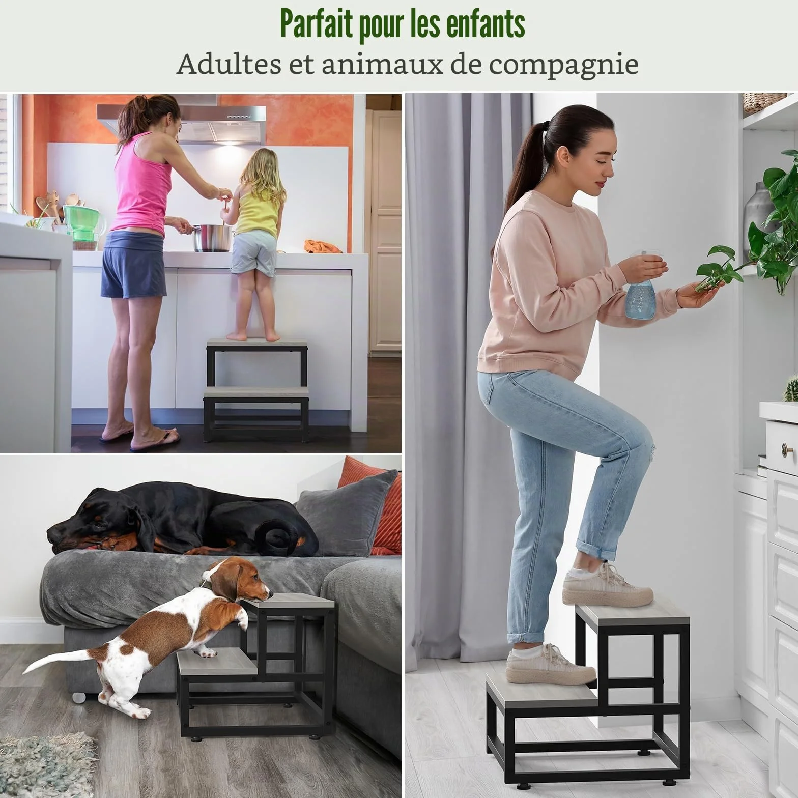 LIANTRAL Marchepied à 2 marches pour Adultes et Enfants, en Acier Robuste et en Bois Robuste, supporte jusqu'à 200 kg, Repose-Pieds pour lit Haut, Cuisine, Salle de Bain, Gris et Noir