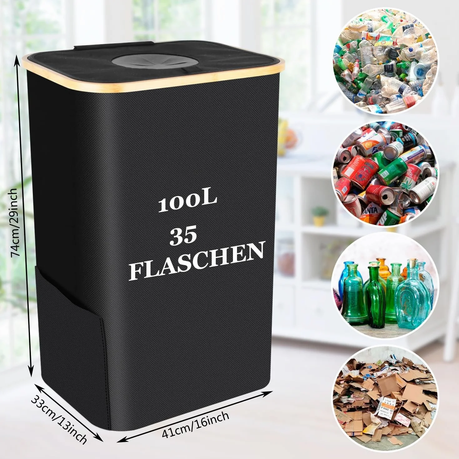 Poubelle tri selectif 100l avec couvercle et sac à main noir