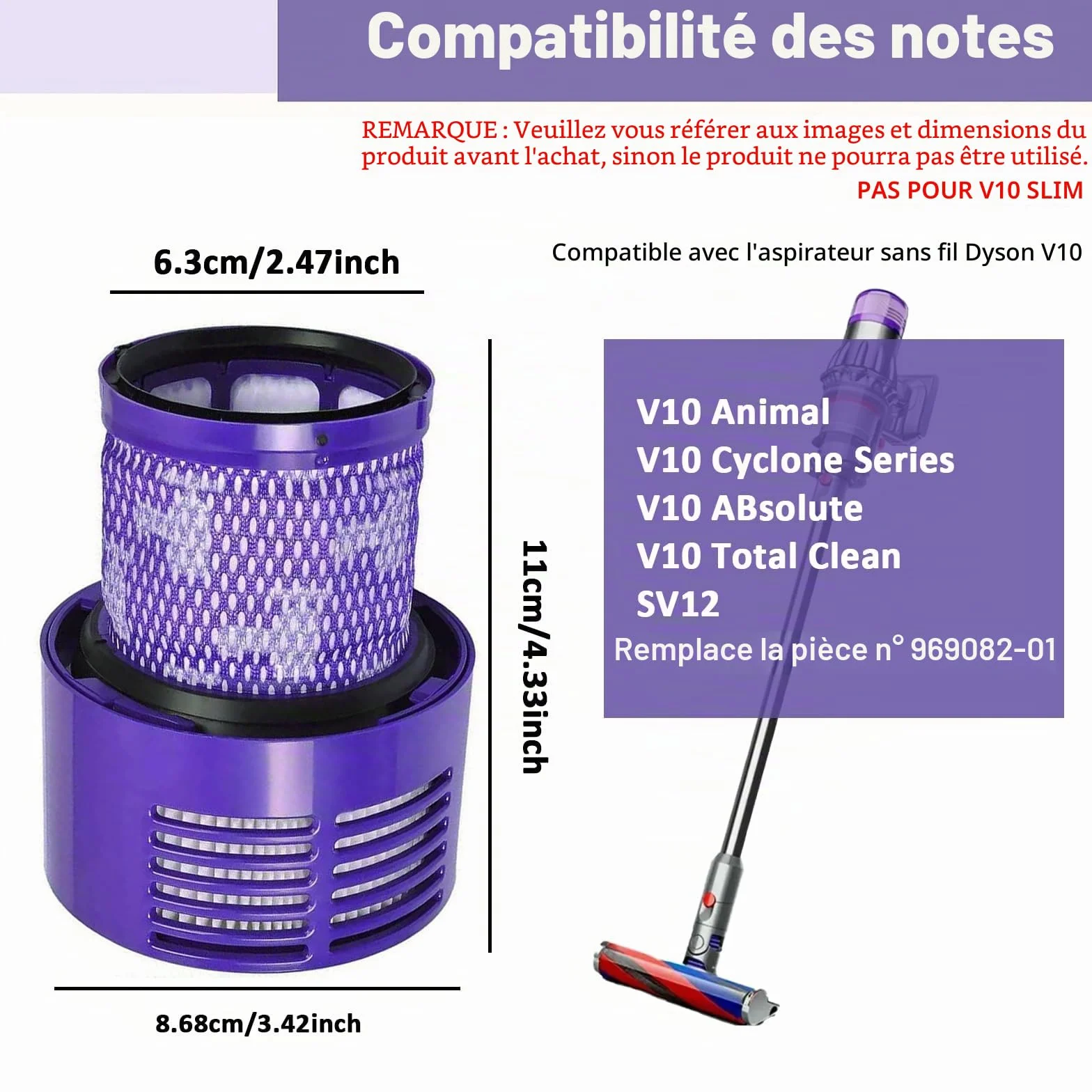 Lot de 2 Filtre pour Aspirateur Dyson V10 SV12, Lavable Réutilisable