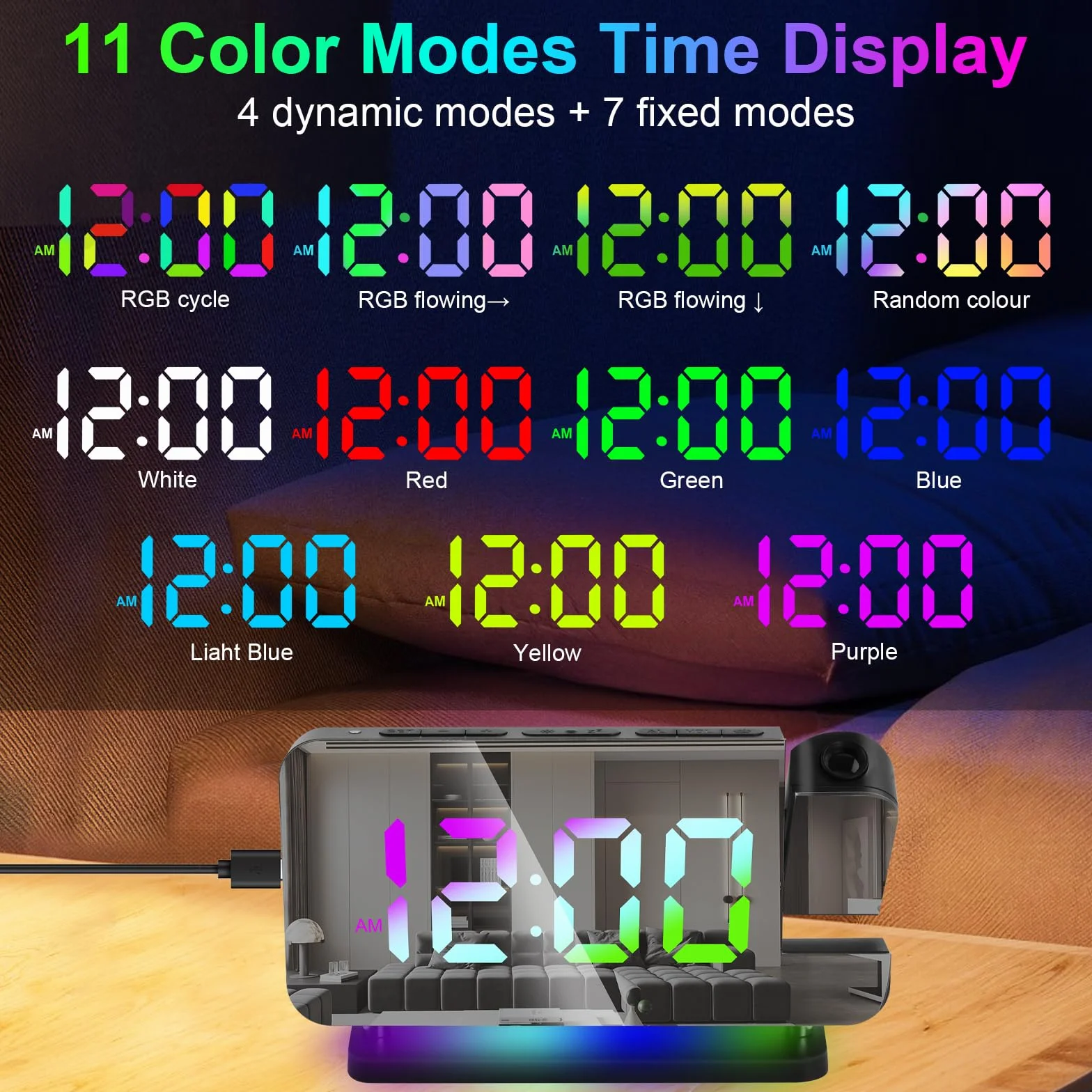 Réveil à Projection avec Projecteur Rotatif 180°, Affichage LED 11 Couleurs, Luminosité Réglable, Snooze
