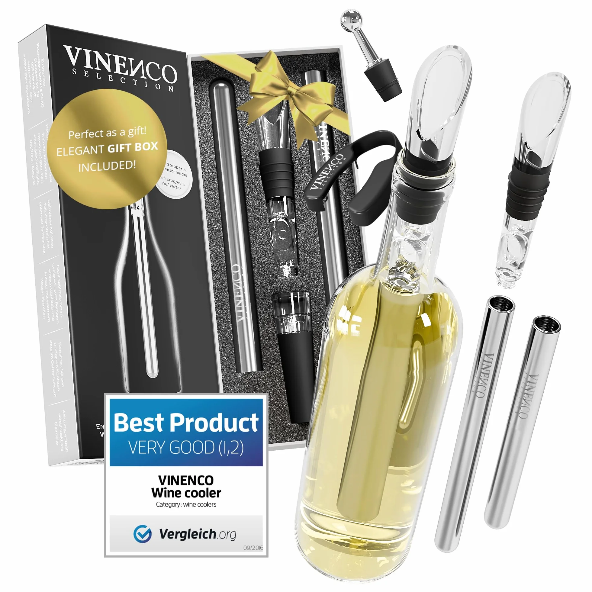 Rafraîchisseur de Bouteille de Vin 3 en 1: 2 Tiges Refroidissement Acier + Aérateur Décanteur + Anti-Goutte | Ensemble Bar