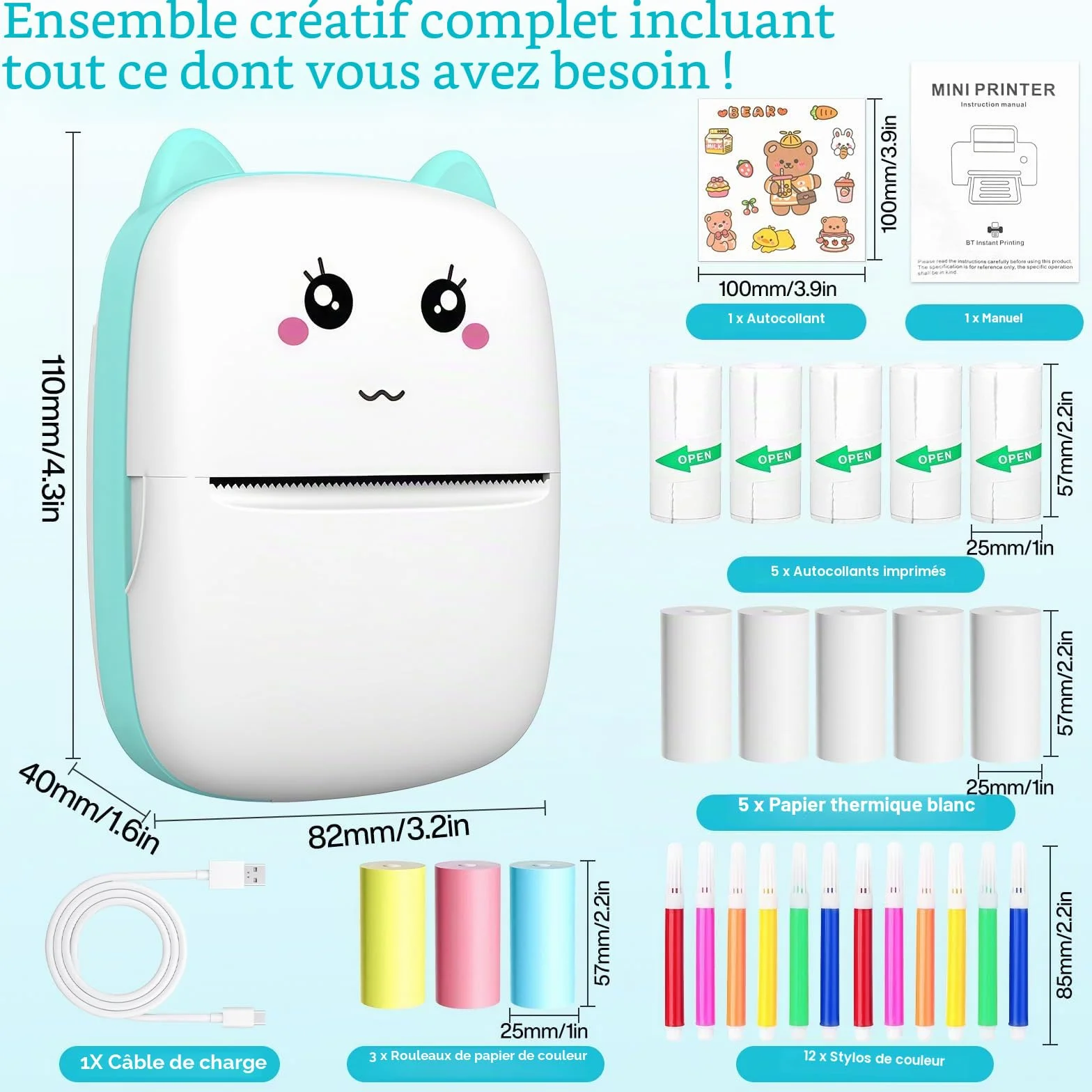 Mini Imprimante Photo Thermique Portable Bluetooth sans Encre iOS Android, Imprimante de Poche Bleu