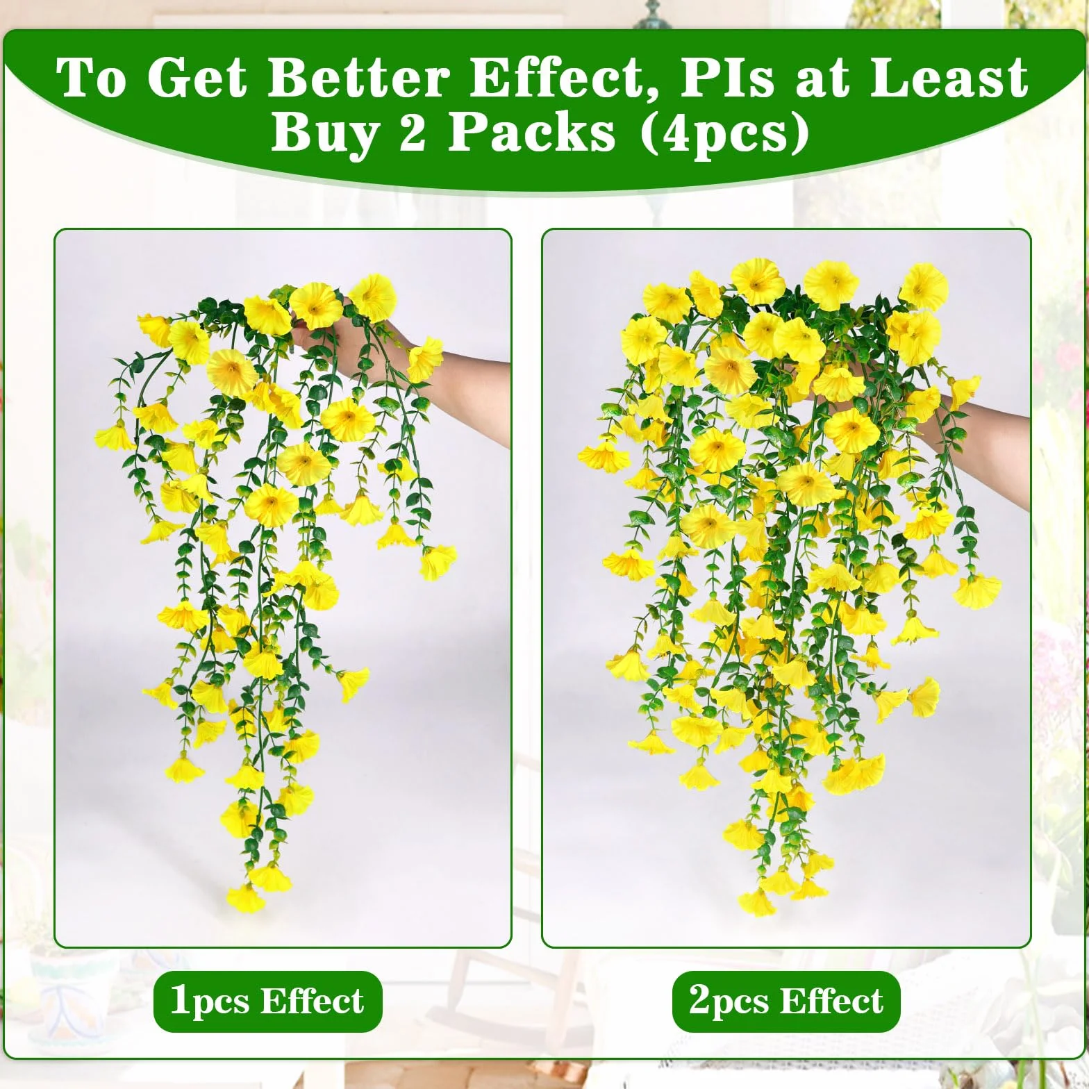 YSUVIN Fleurs Artificielles 2 Pièces Pétunia Plante Suspendue Extérieur Résistant UV Jaune