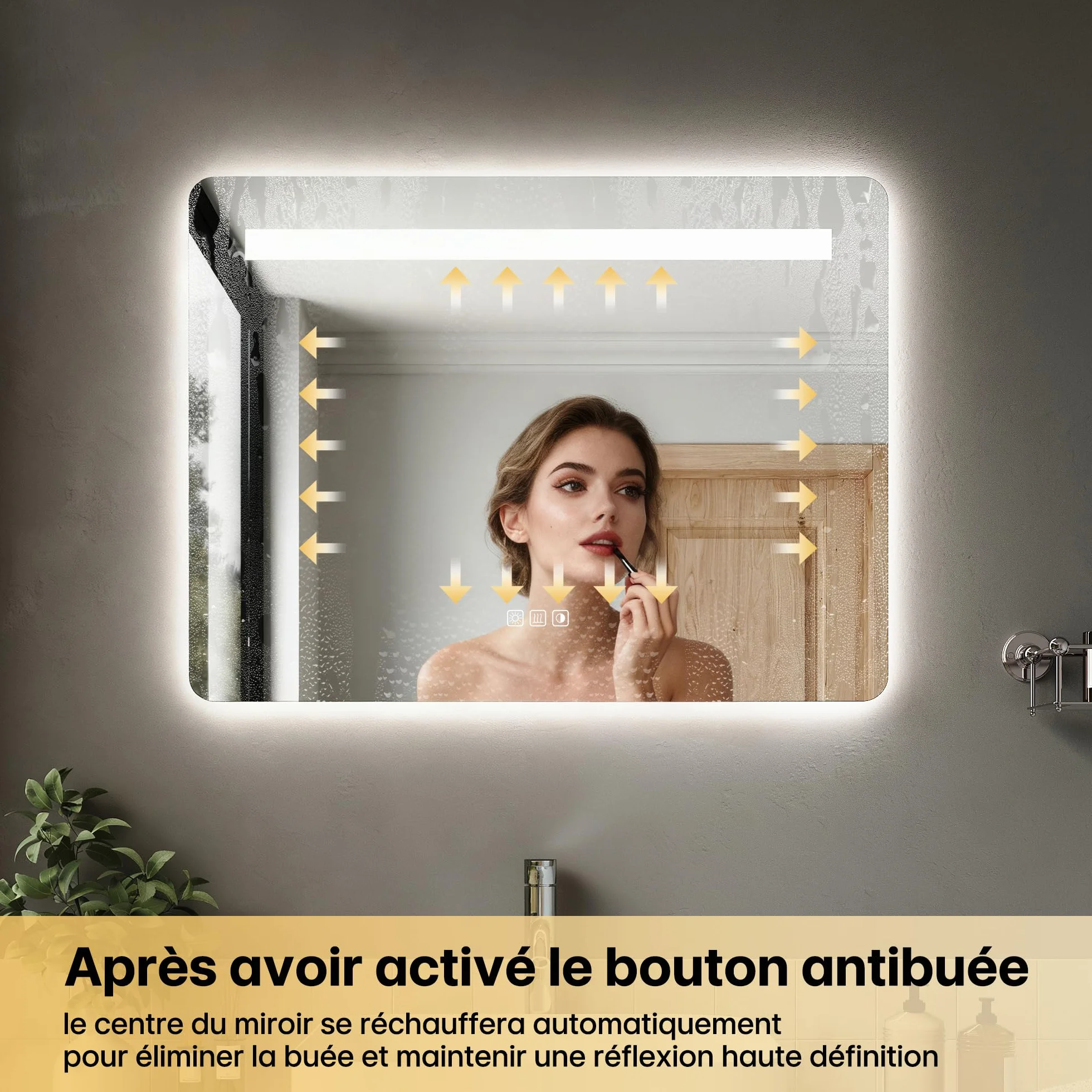 SIRHONA Miroir Salle de Bain avec Eclairage 80x60cm, Anti-buée, 3 Couleurs, Dimmable, Mémoire, Miroir Lumineux Salle de Bain, Douille, Étanche Ip44, Rétroéclairage