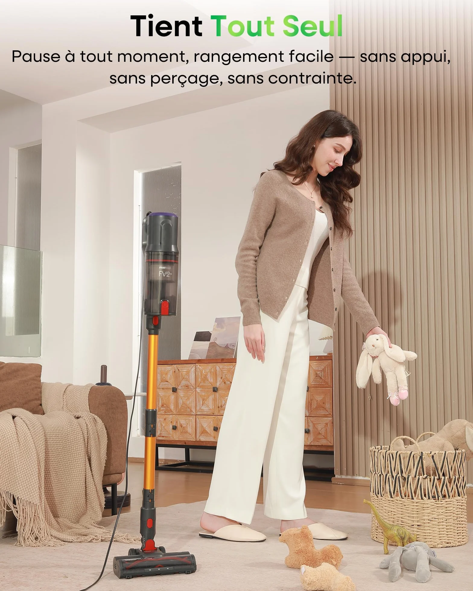 FAMIVAC FV2 Aspirateur Balai avec Fil, 65Kpa/600W Aspirateur sans Sac Puissant, Brosse Matelas, 1,3KG Léger, Câble 7M, 1,5L, Brosse Anti-Enroulement & Autoportante pour Tapis, Sols, Poils d’Animaux